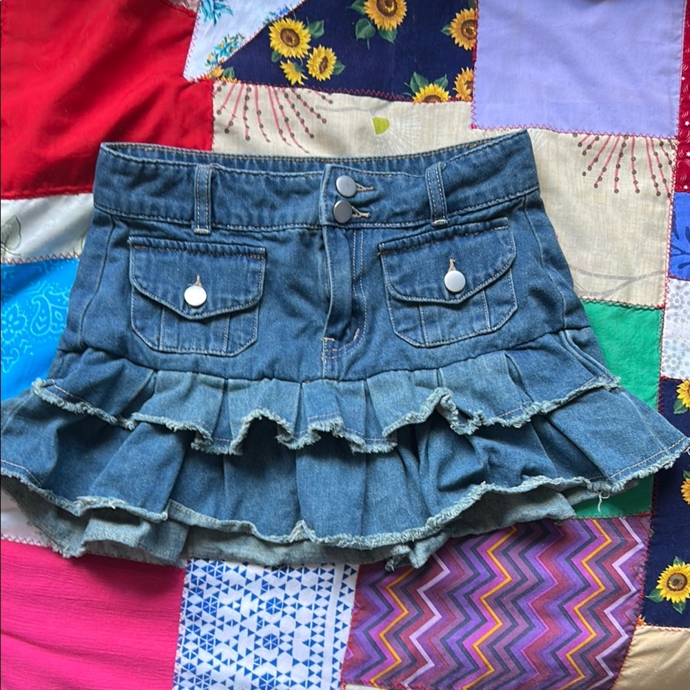 Blue Mini Skater Skirt with Ruffled Cargo Style